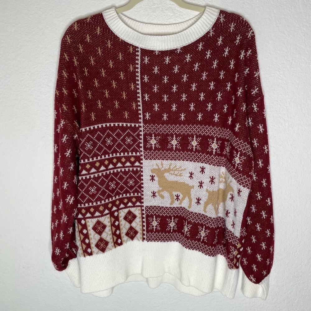 Andre the Unit Women's Red and White Reindeer Sweater Holiday Sweater Christmas